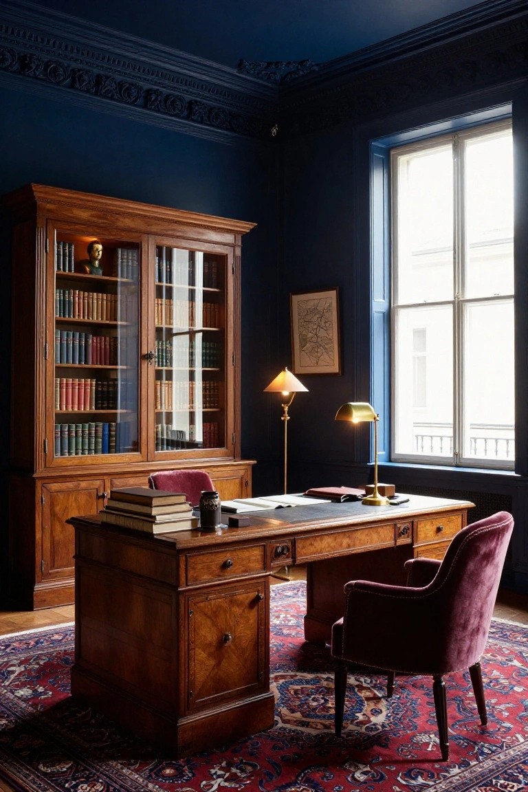 Dark navy blue walls in a home office with wooden bookcase filled with books, wooden desk topped with stacked books and brass lamps, red velvet armchair, and patterned red rug on wood floor.