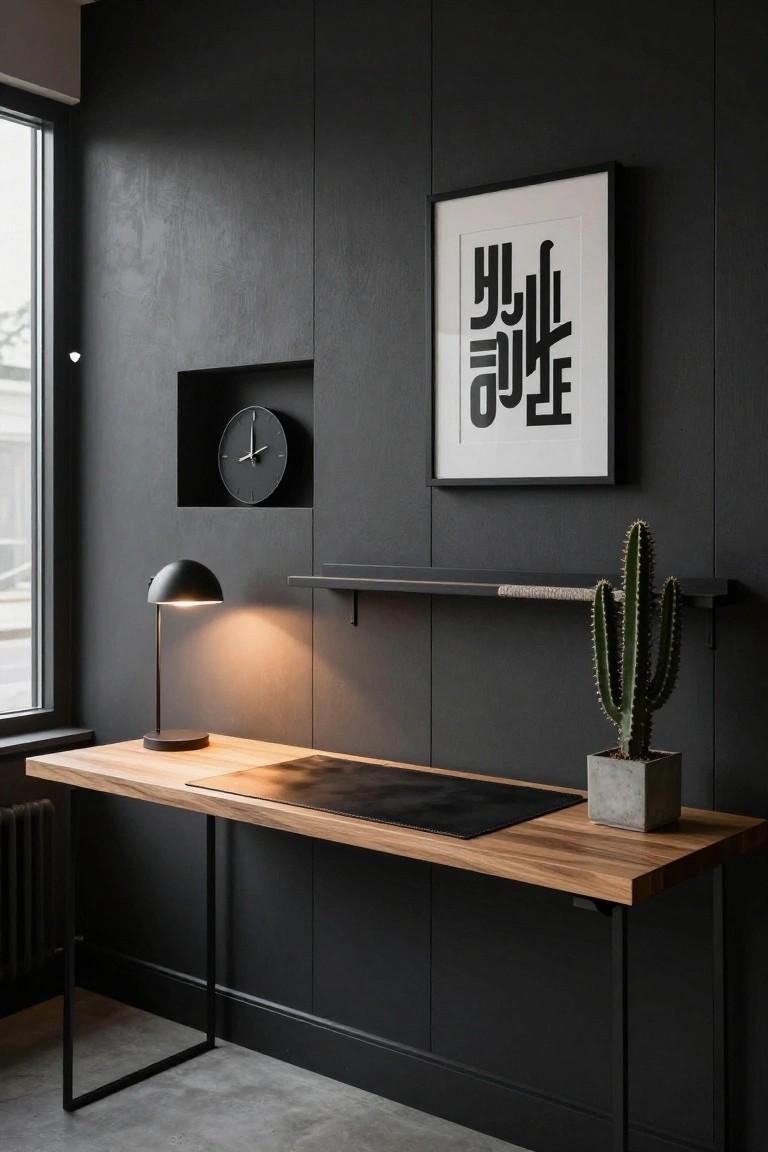 Modern home office with dark textured paneled walls, recessed analog clock, framed black Korean text artwork, black desk lamp, potted cactus on shelf, and wooden desk with black metal legs on concrete floor.