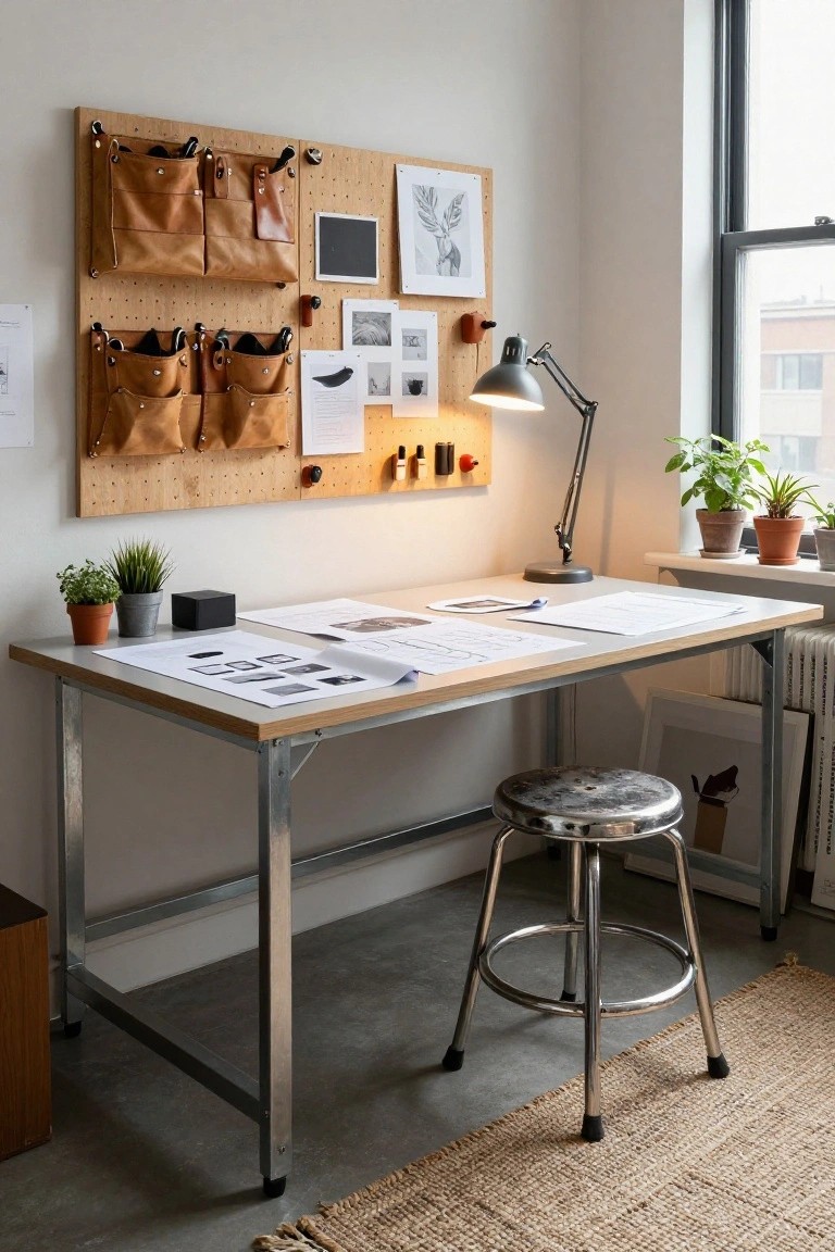 Home office with wooden pegboard wall holding leather pouches, tools, papers, and artwork, beside a white-top metal desk, adjustable lamp, stool, plants, and window.