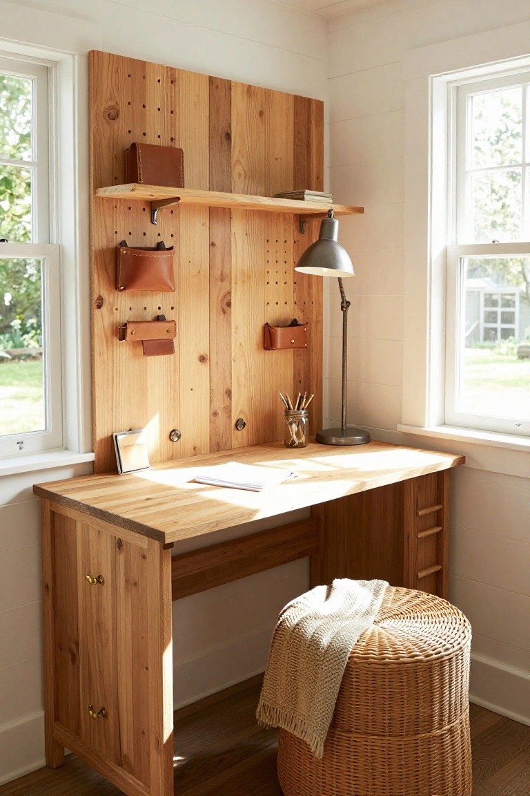 Corner home office with wooden desk, pegboard wall of wood planks holding leather pouches and shelves, adjustable lamp, and wicker stool with throw.