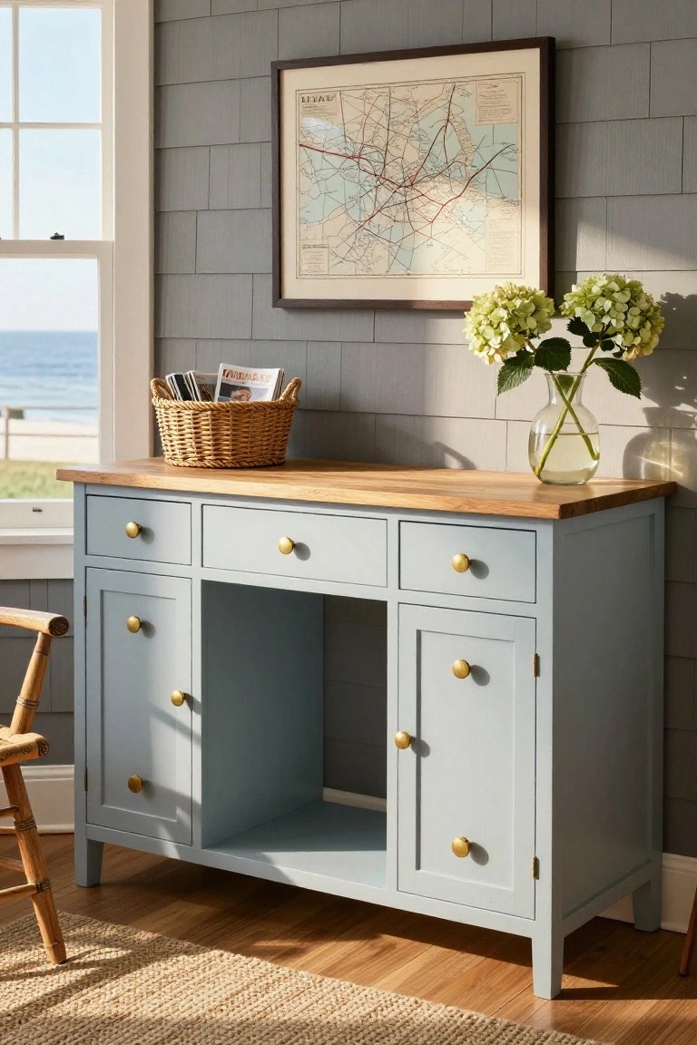 Light blue shaker-style desk with oak butcher block top, brass drawer pulls, open kneehole, wicker basket of magazines, vase of white hydrangeas, framed vintage map on gray shingled wall, window with ocean view, wooden chair nearby, hardwood floor, seagrass rug.