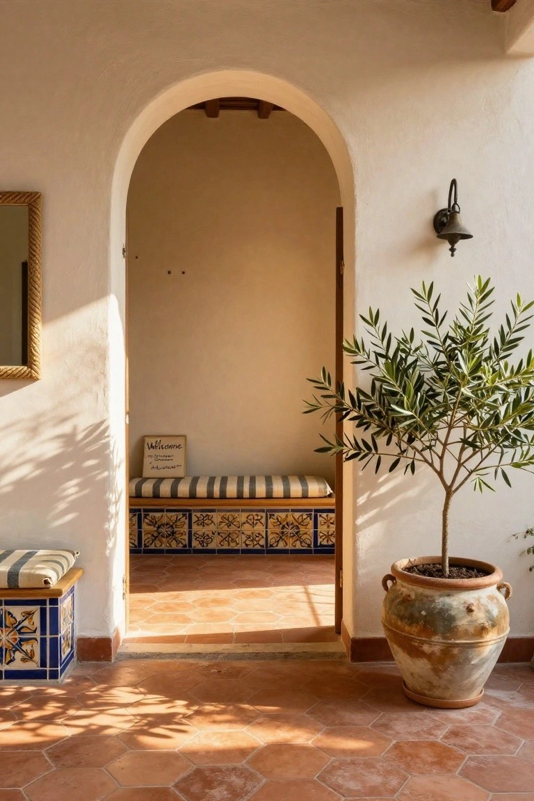 Arched white stucco doorway on a terracotta hexagonal tiled porch, with built-in bench featuring blue patterned tiles and striped cushion, potted olive tree in terracotta pot, wall lantern, and welcome sign.