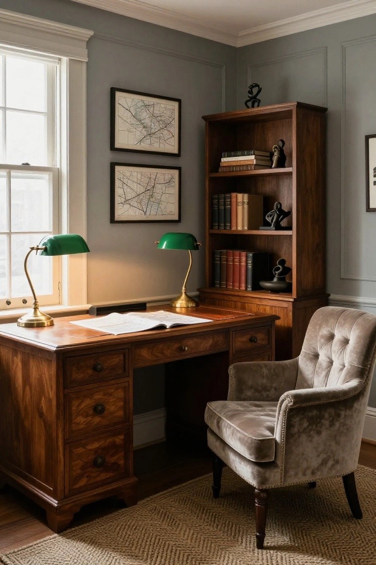 Wooden desk with two green banker's lamps in a gray-paneled study room featuring bookshelves, framed maps, a tufted armchair, and a window.