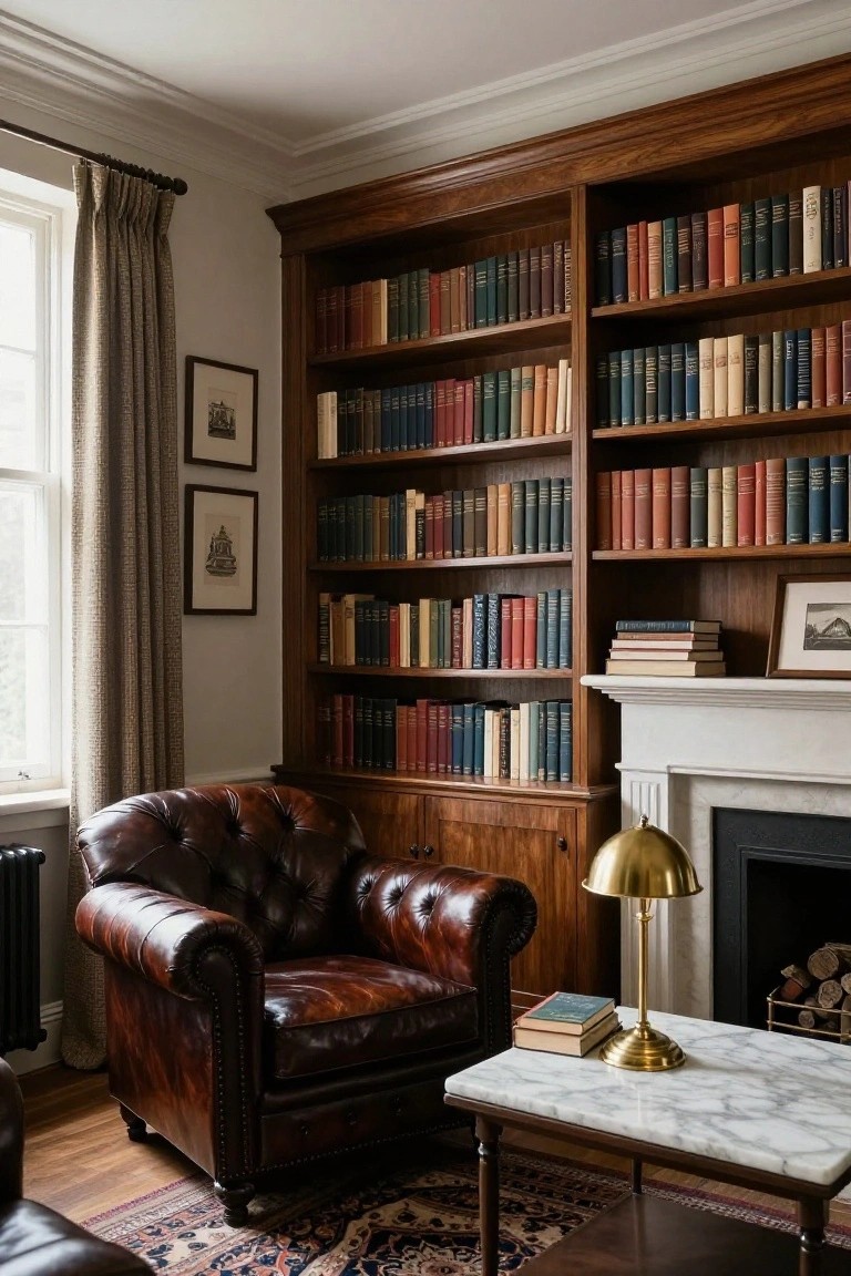Interior view of a cozy room with tall wooden built-in bookshelves filled with books on three walls, a brown leather armchair, marble side table with gold lamp and stacked books, white fireplace, and window with beige curtains.