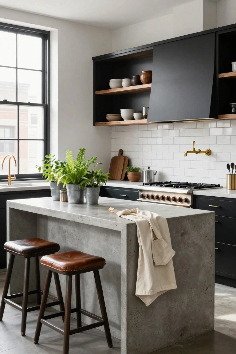 Modern kitchen interior with matte black cabinets, white subway tile backsplash, brass faucet, gas range, open wood shelves holding ceramics and plants, and a large gray concrete island holding metal plant pots and draped with a white cloth, flanked by two brown leather bar stools with dark wood legs.