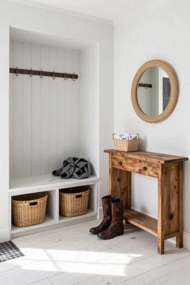 Recessed white shiplap alcove with row of iron coat hooks, built-in bench holding two wicker baskets and gray scarf, wooden console table with wicker mail basket and brown leather boots beside it, round rattan mirror on wall, light wood plank floor.