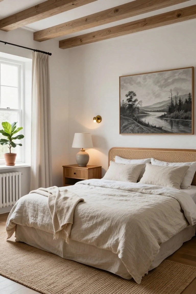A cozy bedroom featuring exposed wooden ceiling beams, a rattan headboard bed with neutral linen bedding and pillows, wooden nightstand with lamp, large framed landscape painting on white wall, sheer window curtains, potted plant, and seagrass rug on wood floor.