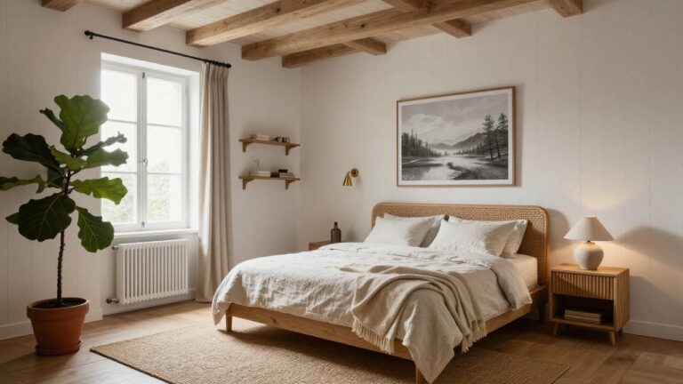 A cozy bedroom featuring exposed wooden ceiling beams, a rattan headboard bed with neutral linen bedding and pillows, wooden nightstand with lamp, large framed landscape painting on white wall, sheer window curtains, potted plant, and seagrass rug on wood floor.