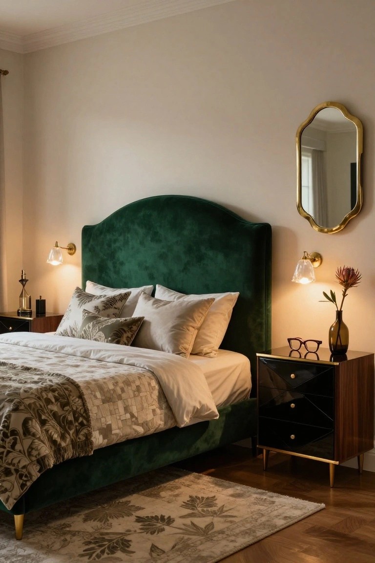 Bedroom interior with curved emerald green velvet upholstered headboard, neutral bedding and pillows, brass wall sconces, black wood nightstand holding glasses and vase, gold mirror, and patterned rug on wood floor.