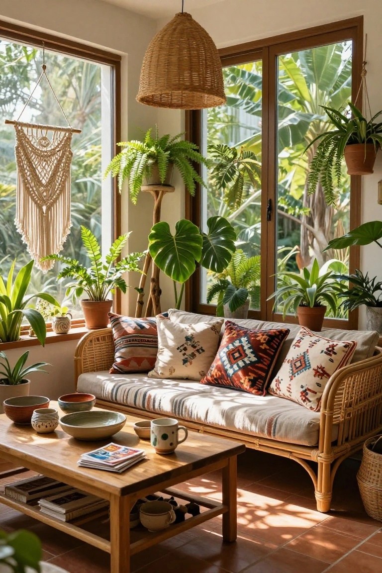 Sunlit indoor seating area with rattan daybed piled with patterned pillows, wooden coffee table holding ceramics and books, surrounded by many potted tropical plants like monstera and ferns near large windows showing outdoor greenery.