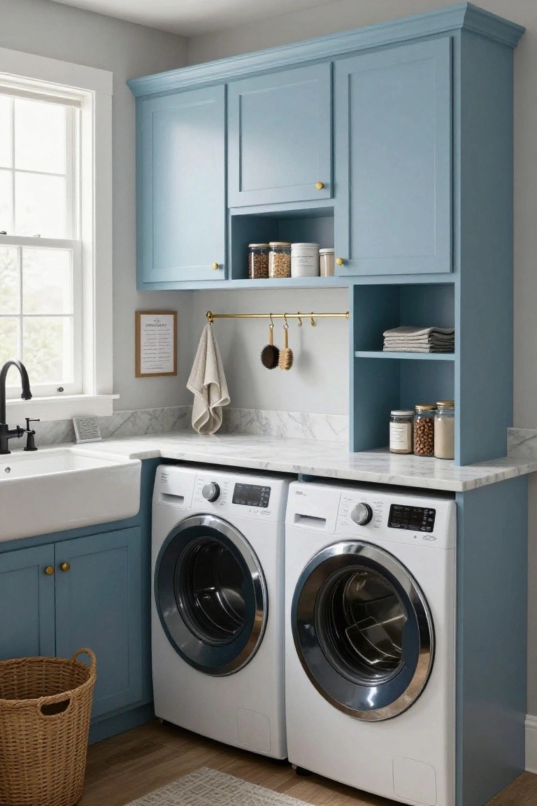 Blue shaker-style cabinets enclosing two white front-loading washers and dryers in a laundry room, with a white farmhouse sink, marble countertop, open shelving, and a wicker basket on a wood floor.