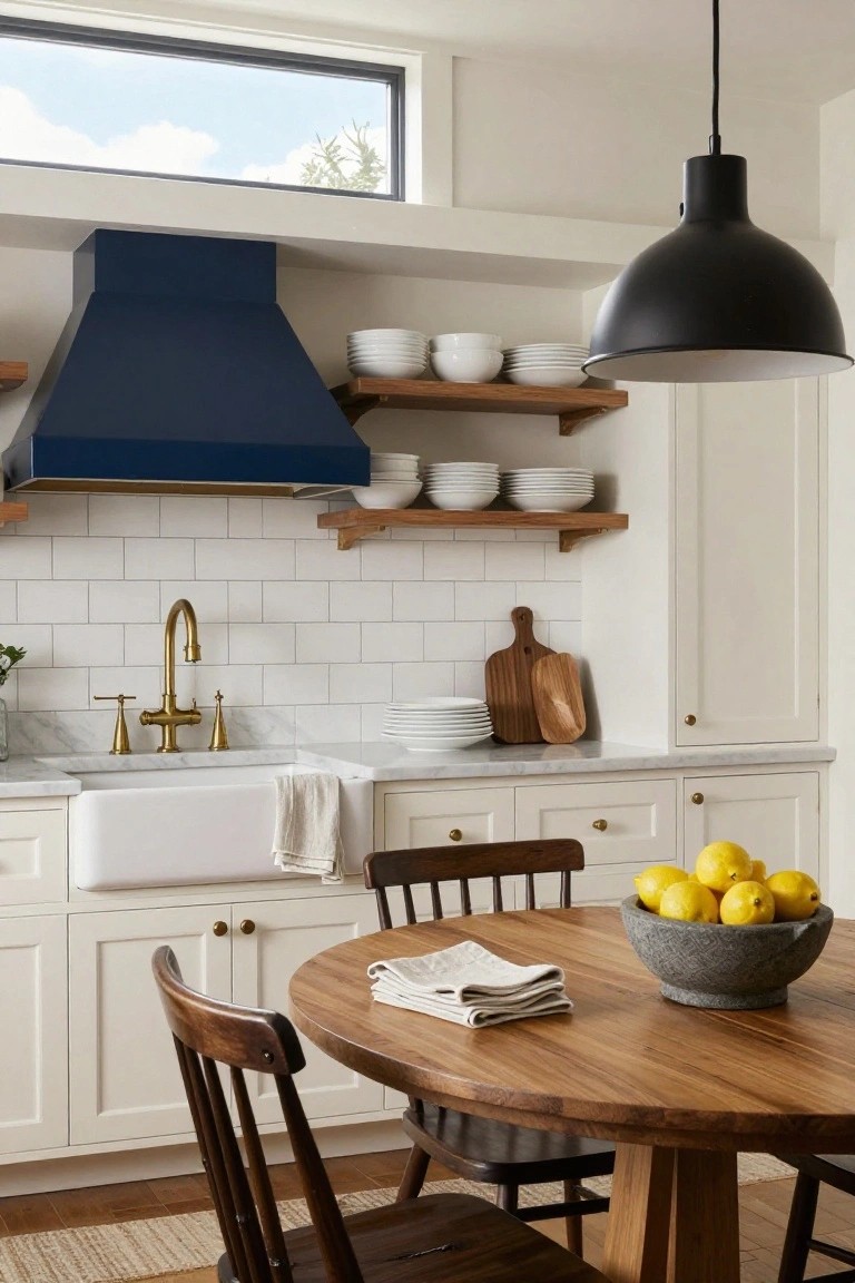 Kitchen with white shaker cabinets, navy blue curved range hood, white subway tile backsplash, brass faucet over white farmhouse sink, marble counters, wooden round dining table with chairs, and bowl of lemons.