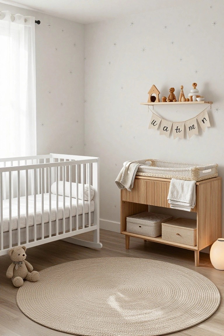 Bright nursery with white crib, wooden dresser, round rug, and toys.