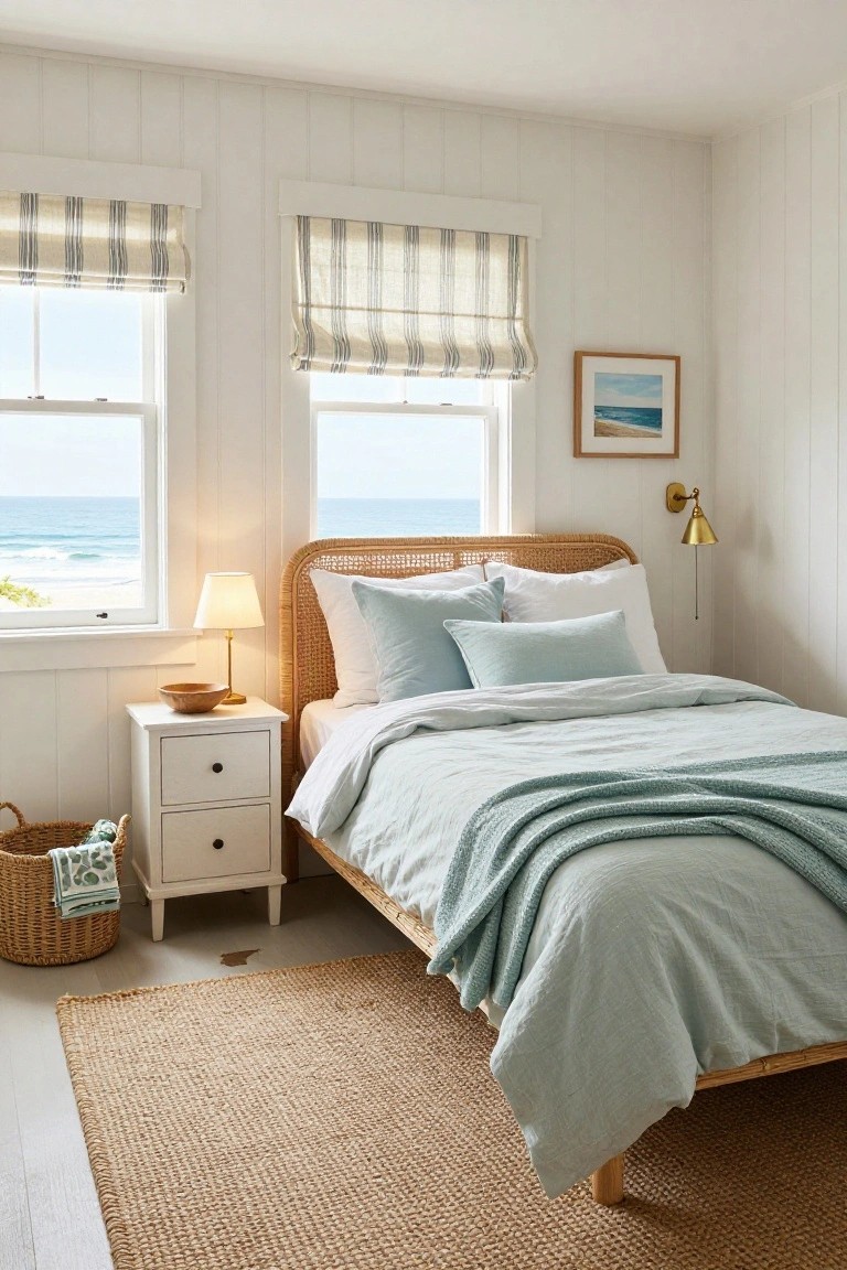Bedroom with white shiplap walls, rattan bed frame and headboard, soft blue-green linen bedding and pillows, wooden nightstand with ceramic lamp, woven basket, and two windows showing ocean view.