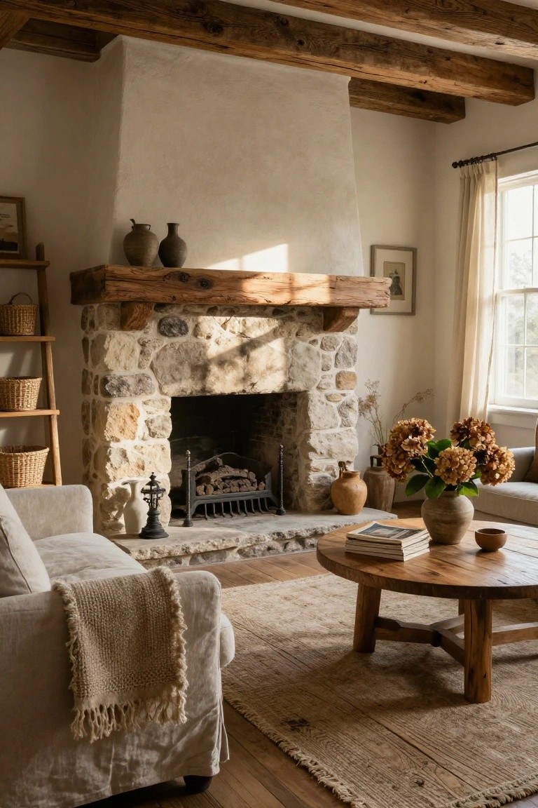 Living room with large rustic stone fireplace under wooden beams, wooden mantel, cream linen sofa with throw, round wooden coffee table on seagrass rug, ceramic vases, and dried hydrangeas.