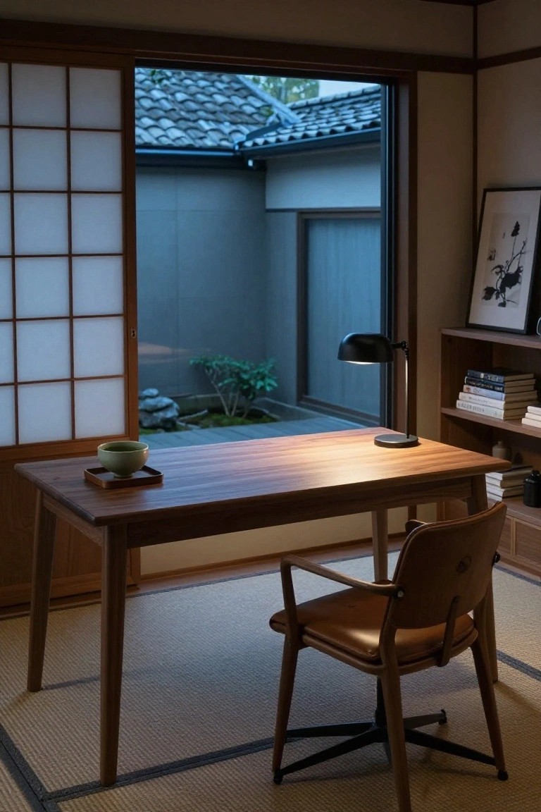 Wooden desk with green tea bowl, black desk lamp, leather chair, and bookshelves in a tatami-floored room with open shoji screens overlooking a small courtyard garden with rocks, plants, and gravel.
