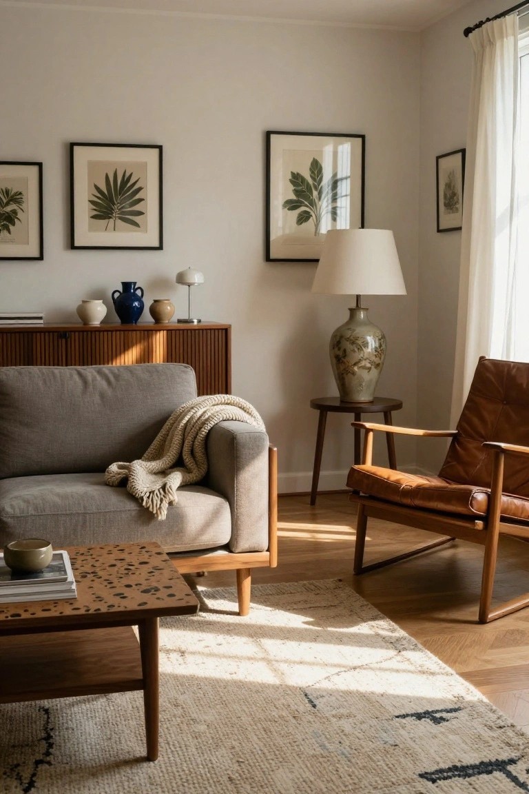Sunlit corner of a living room with a gray fabric sofa draped in a cream knit throw, tan leather armchair, wood coffee table, slatted wood credenza topped with ceramic vases, botanical prints on walls, two table lamps, and a light rug over wood floors.