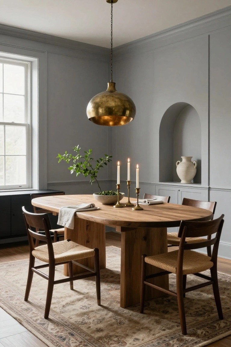 Dining room with pale gray paneled walls, arched niche holding a white vase, oval wooden table set with candles and bowl, four wood chairs with cane seats, brass pendant light, black credenza, and patterned rug on wood floor.