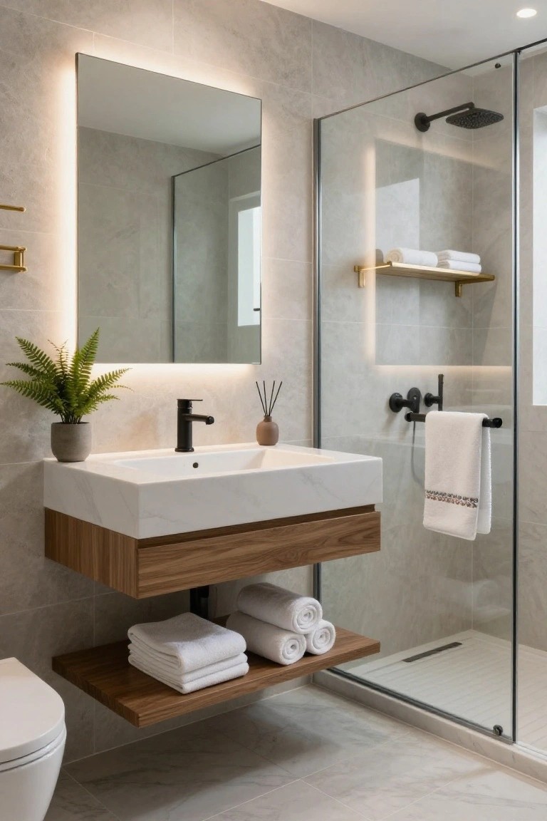 Modern bathroom with floating wooden vanity and shelf holding white towels, white sink with black faucet, potted fern plant, reed diffuser, glass shower enclosure, and white toilet on gray tiled floor.