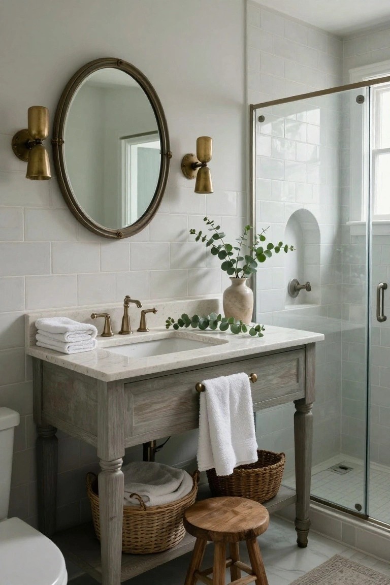 Bathroom with gray wood vanity on turned legs, white marble countertop and subway tile walls, brass round mirror and sconces, glass shower enclosure, toilet, wicker baskets, and wood stool.