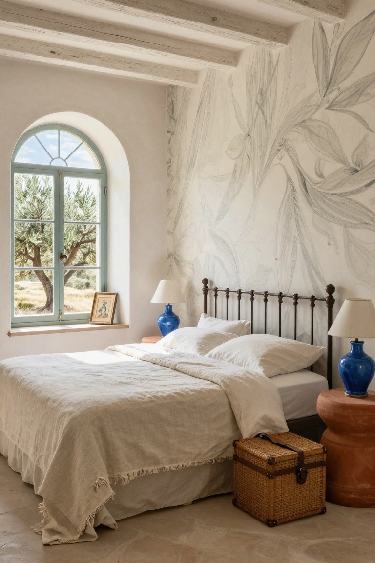Sunlit bedroom with beige walls and exposed wood beams, large abstract gray leaf wallpaper on one wall behind a white bed with black iron headboard, blue ceramic lamps on nightstands, arched green window showing olive tree and landscape outside, woven trunk and terracotta stool nearby.