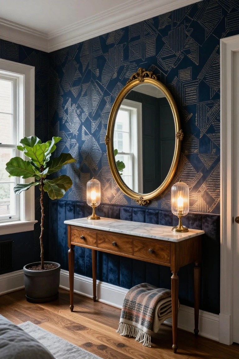 Bedroom corner with dark navy wallpaper featuring gold geometric patterns, large ornate gold mirror, wooden console table topped with white marble and flanked by two glass dome lamps, fiddle leaf fig plant in gray pot, and plaid throw on hardwood floor.