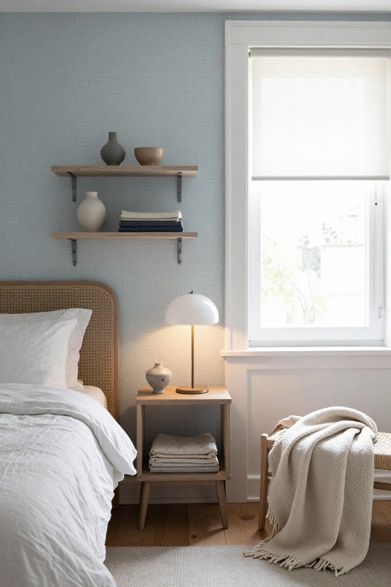 Bedroom interior with light blue geometric patterned wallpaper on walls, rattan headboard bed with white sheets and pillows, wooden floating shelves holding vases and books, bedside table with lamp and ceramics, large window with roller blind, and a chair with throw nearby.