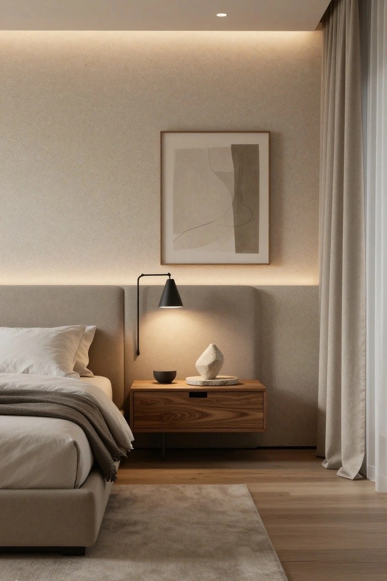 A modern bedroom with light beige textured walls, upholstered beige headboard and bed with white sheets and gray throw, black swing-arm lamp on wooden floating nightstand holding a stone sculpture and bowl, abstract line art on wall, beige curtains on large window, and light oak floors with cream rug.