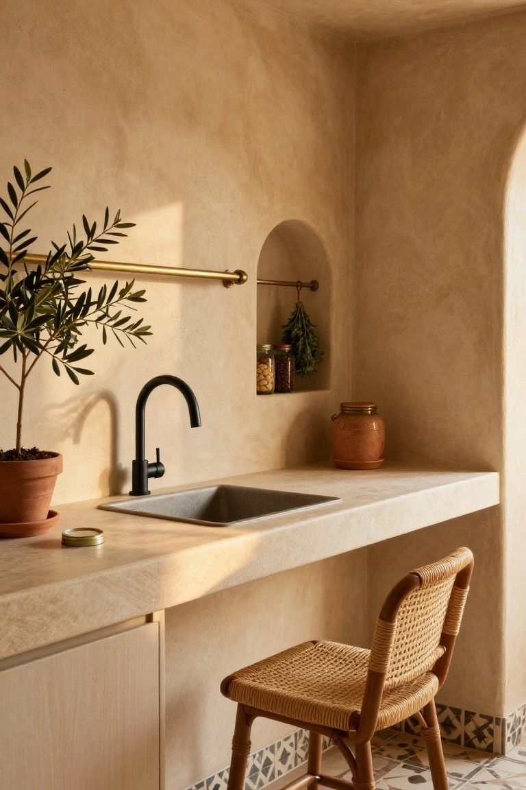 Beige textured plaster walls in a small kitchen corner with an arched niche containing jars of beans and spices, hanging dried herbs, a terracotta jar, black gooseneck faucet over a light gray sink, olive plant in terracotta pot on countertop, rattan chair, and tiled floor.