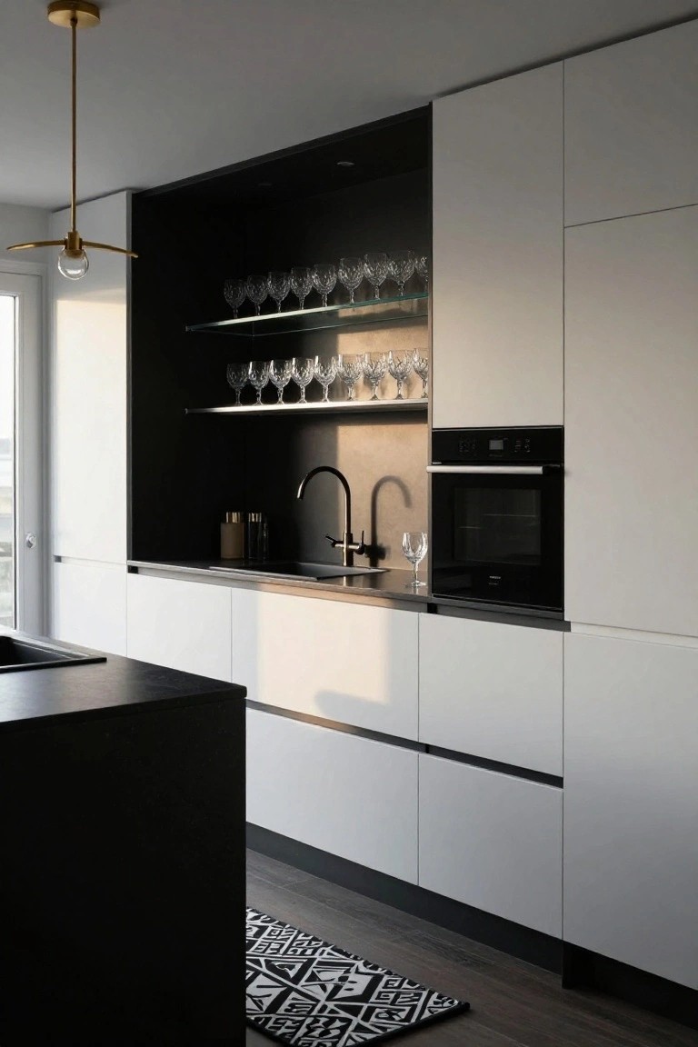 Modern white kitchen with tall black open shelving niche displaying rows of crystal stemware, black double sinks, oven, and dark island countertop on wood floor.