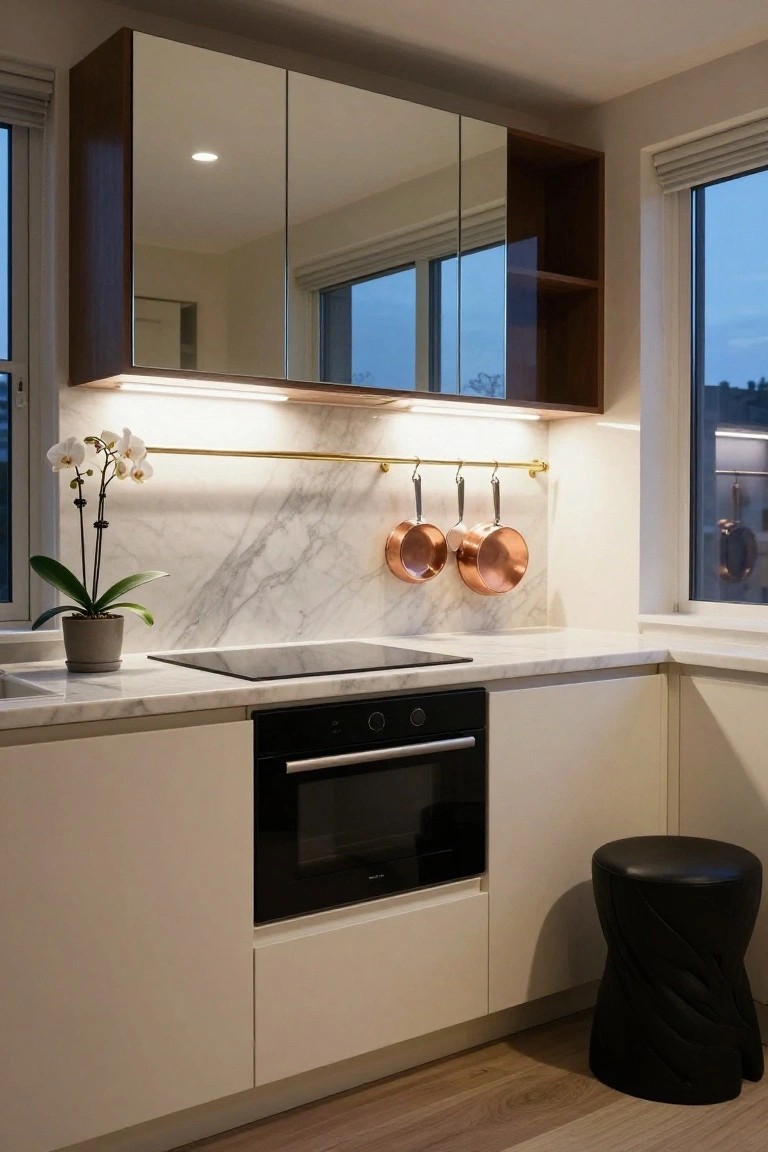 Small corner kitchen with white cabinets, marble countertop and backsplash, black built-in oven, induction cooktop, copper pots hanging from brass rail under LED strip light and mirrored cabinets, potted white orchid, and black twisted stool on wood floor.