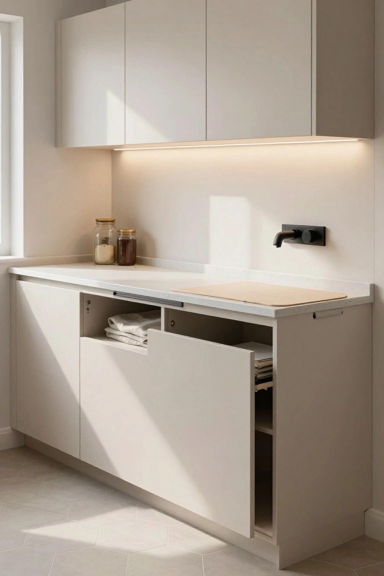 Modern white handleless kitchen cabinets with an open pull-out drawer containing folded white linens, adjacent open shelving holding more linens and papers, a wall-mounted black faucet above the white countertop, under-cabinet LED lighting, and hexagonal floor tiles.