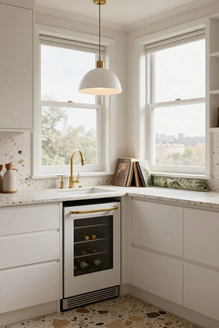 Compact white kitchen corner with terrazzo-patterned countertop and backsplash, gold gooseneck faucet at white sink, built-in white wine cooler with gold handle, white cabinets, and two large windows.