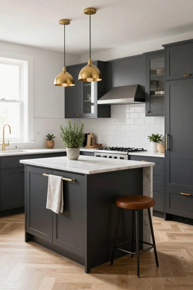 Compact modern kitchen with matte dark gray shaker cabinets, white marble island topped with a towel bar and brown leather stool, two gold pendant lights, white subway tile backsplash, stainless appliances, potted plants, and herringbone wood flooring.