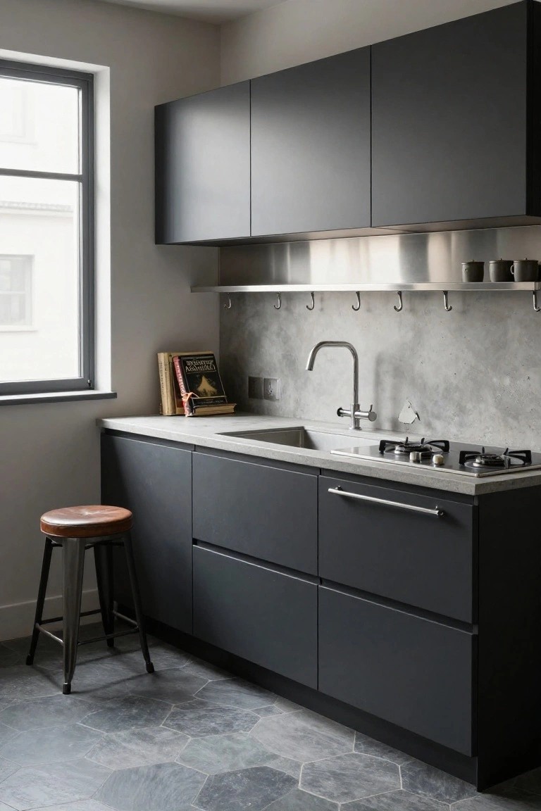 Compact kitchen with matte black upper and lower cabinets, concrete-look gray backsplash and countertop, stainless steel sink and gas stove, two books and a wooden stool on the counter area, hexagonal gray tile floor.