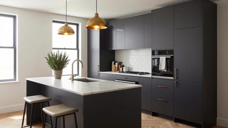 Compact modern kitchen with matte dark gray shaker cabinets, white marble island topped with a towel bar and brown leather stool, two gold pendant lights, white subway tile backsplash, stainless appliances, potted plants, and herringbone wood flooring.