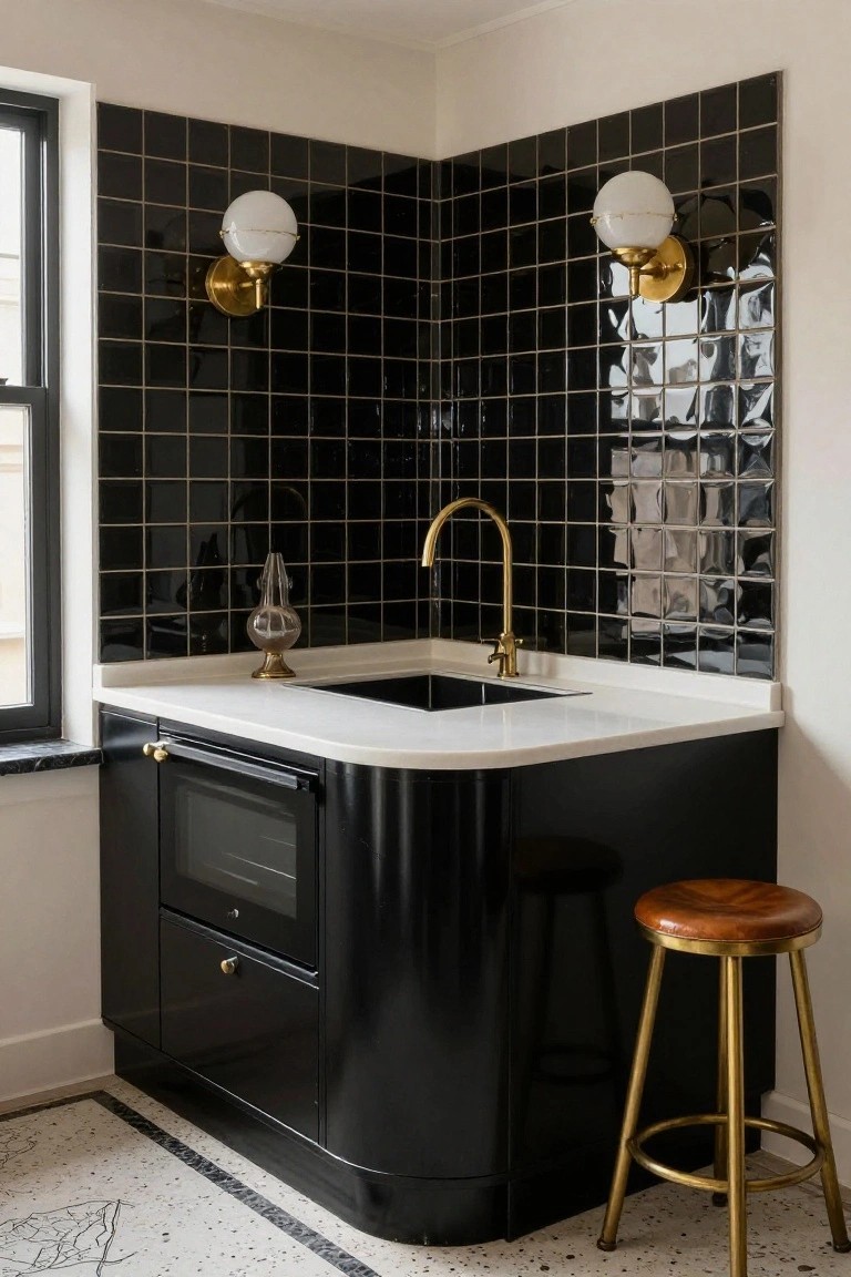 Corner kitchen with glossy black curved cabinets, white quartz countertop and sink, gold gooseneck faucet, black subway tile backsplash, glass lamp on counter, and wood bar stool with gold base.