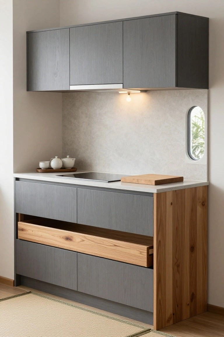 Compact corner kitchen with gray veneer cabinets, light wood accents on side panel and pull-out drawer, white countertop with induction cooktop and wooden cutting board, upper cabinets, tiled backsplash, small round window, and overhead light.