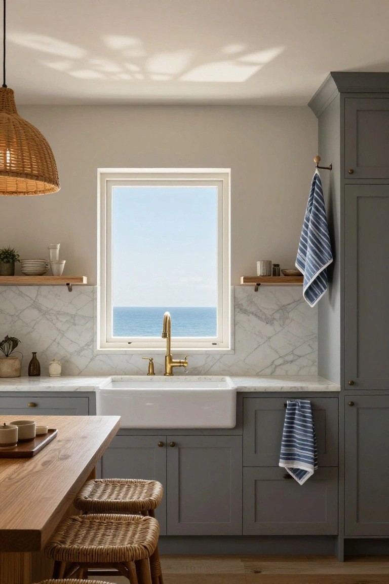 Kitchen featuring gray shaker-style cabinets, white marble counters and backsplash, white farmhouse sink with gold faucet under a large window overlooking the ocean, wooden island with rattan stools, and woven pendant light.