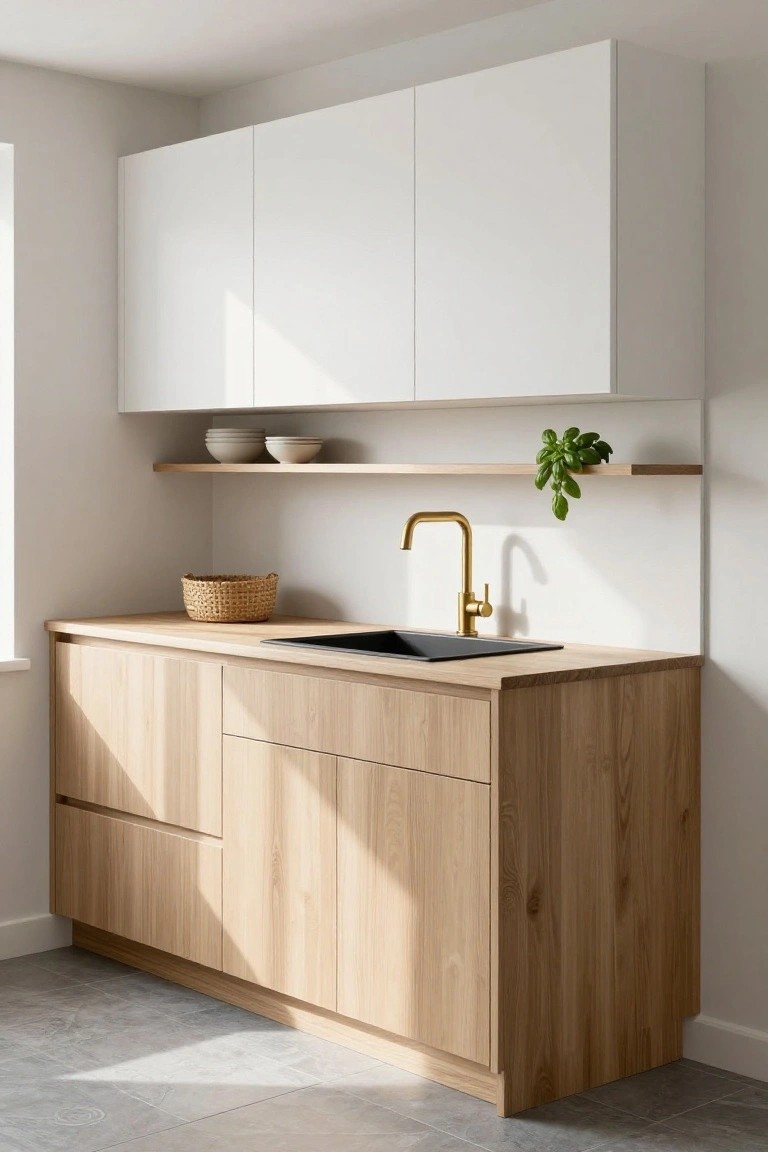 Compact kitchen with light oak lower cabinets and counter, white upper cabinets, black sink and countertop, gold faucet, wooden shelves holding white bowls and a potted plant, gray tile floor, natural window light.