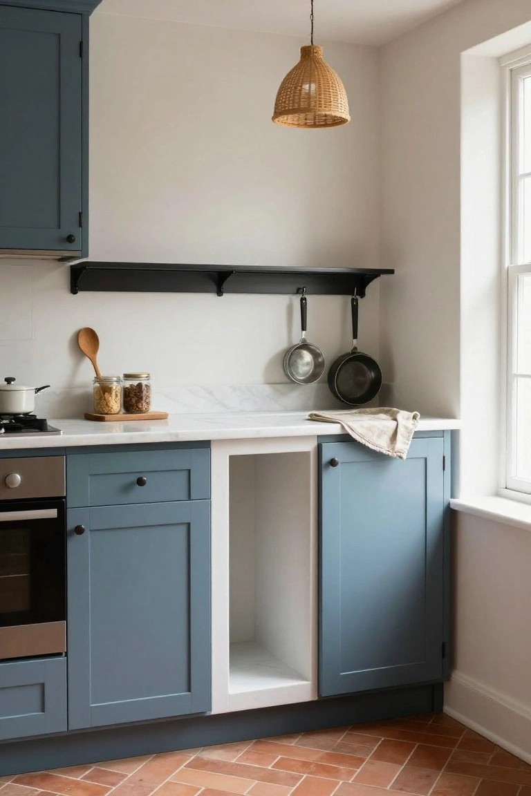 A compact kitchen corner with navy blue shaker cabinets, white marble countertop, black open shelf holding stainless steel pots and pans, wooden spoon and jars on the counter, rattan pendant light hanging above, gas stove, oven, and terracotta tile floor.