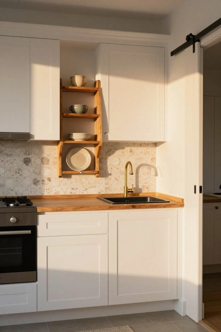 White kitchen with wooden open wall shelves displaying plates and bowls, gold faucet over black sink, wood countertops, and light stone backsplash.