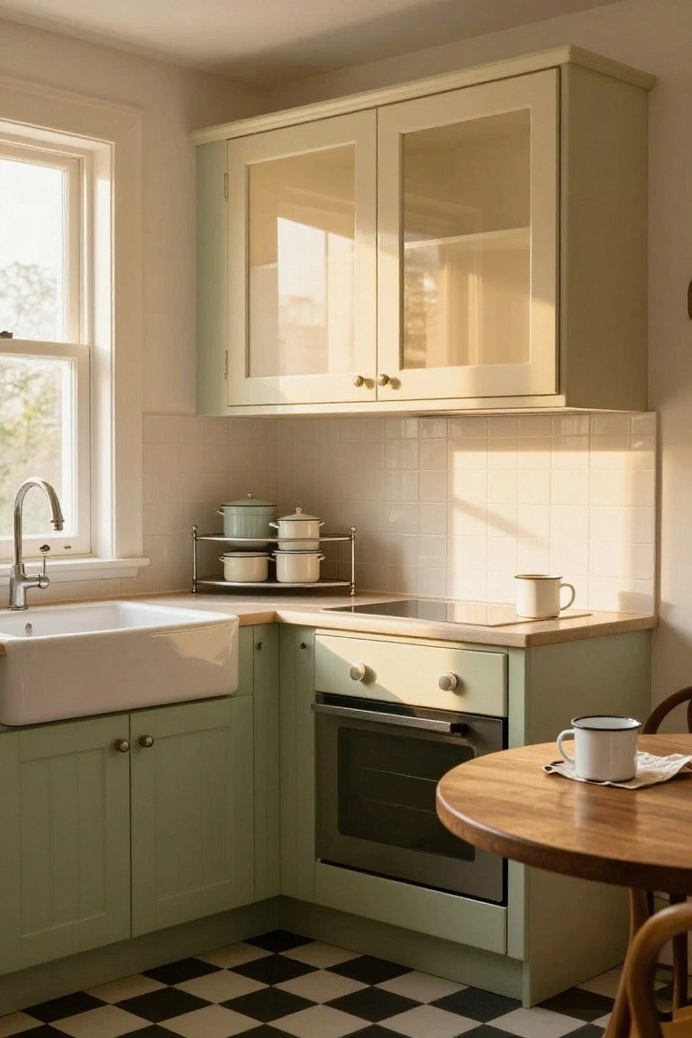 Small L-shaped kitchen with pale sage green lower cabinets, cream-colored glass-front upper cabinets, white farmhouse sink, black induction cooktop, stainless oven, black-and-white checkered tile floor, and round wooden table with chairs near a window.