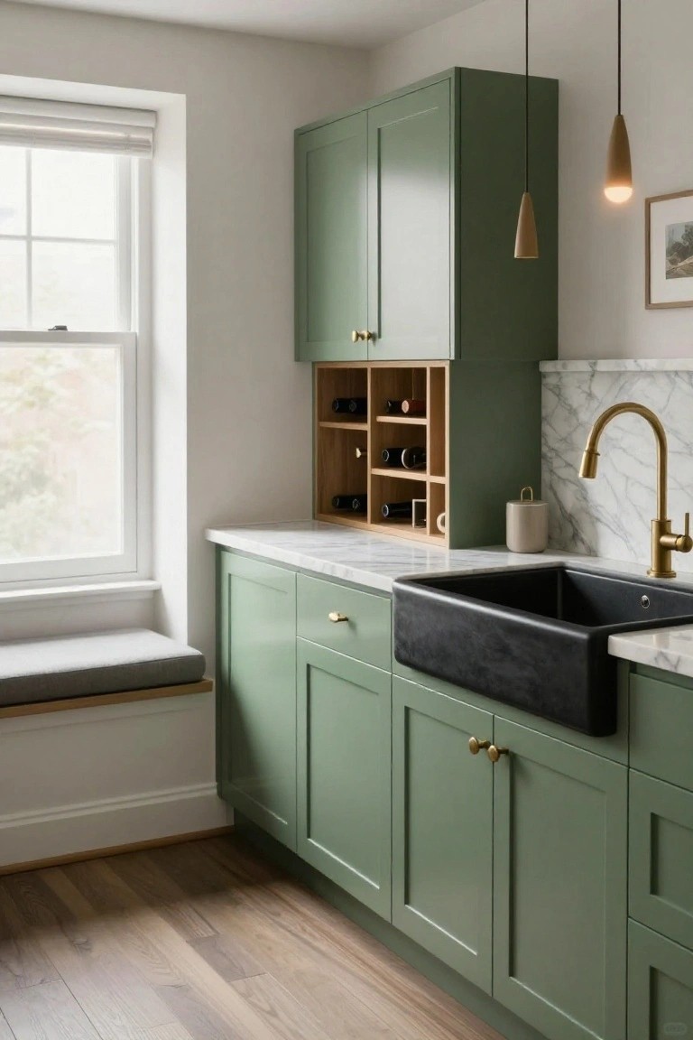 Compact kitchen interior with sage green shaker cabinets, white marble countertop and backsplash, black farmhouse sink, brass faucet and hardware, built-in wooden wine rack above cabinets, and gray cushioned window seat bench.