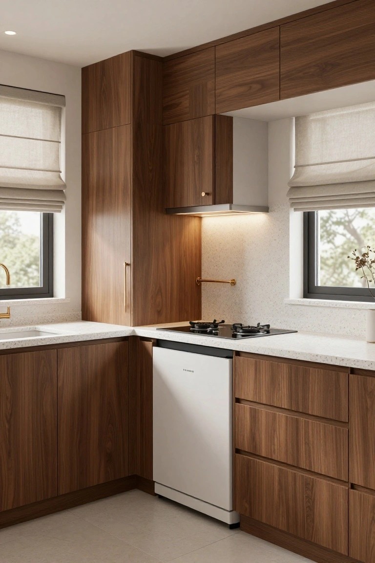Compact L-shaped kitchen with floor-to-ceiling walnut wood cabinets, white dishwasher, gas cooktop on quartz countertop, sink, and two windows with sheer blinds overlooking trees.