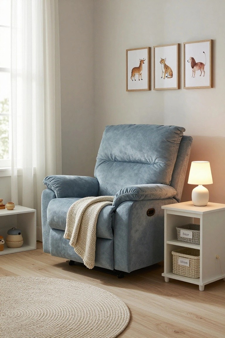 Blue velvet recliner chair with a white knit throw in a light nursery corner next to a white side table with lamp, baskets, and wooden toys, sheer curtains at the window, and framed animal prints on the wall.