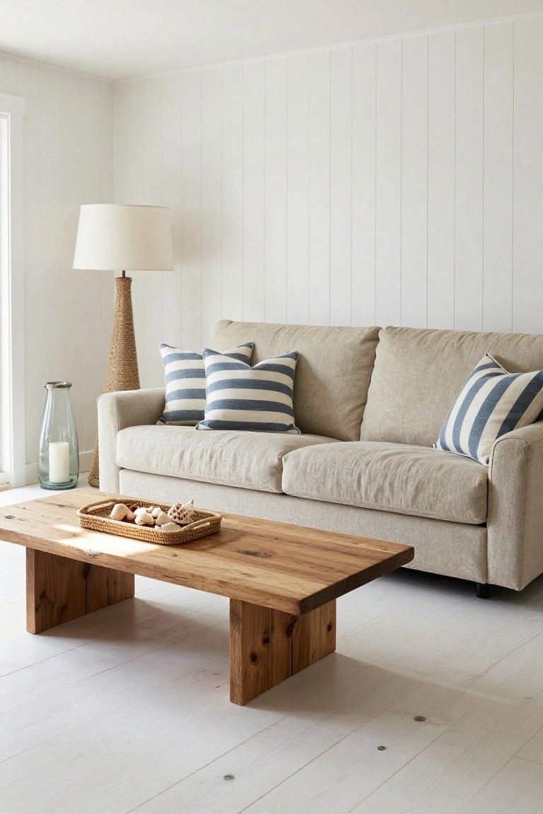 Beige linen sofa with navy striped pillows on a white shiplap wall, next to a tall rattan lamp, glass vase with candle, and low rustic wood coffee table holding a basket of seashells.