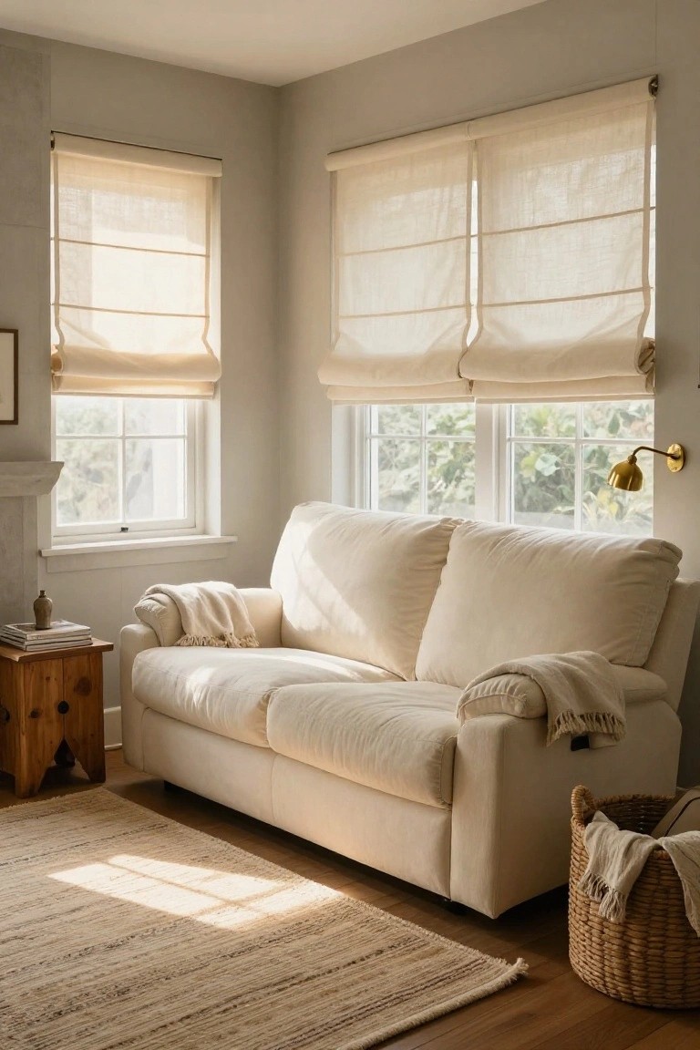 Sunlit living room corner with a cream-colored sofa, wooden side table holding books, beige woven rug, wicker basket with throws, and windows covered in beige roman shades.