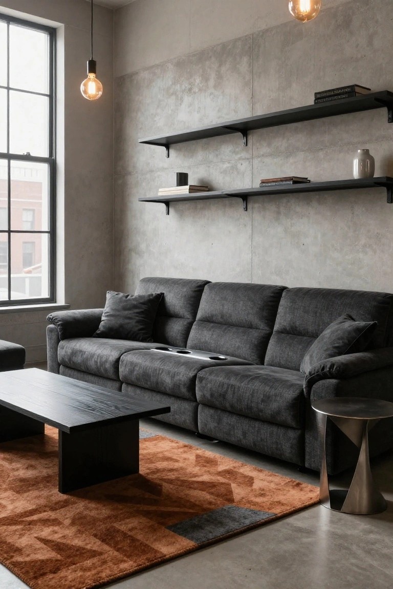 A modern living room with a dark gray three-seat recliner sofa, black wooden coffee table, terracotta rug, floating black shelves on concrete walls, and pendant lights near large windows.