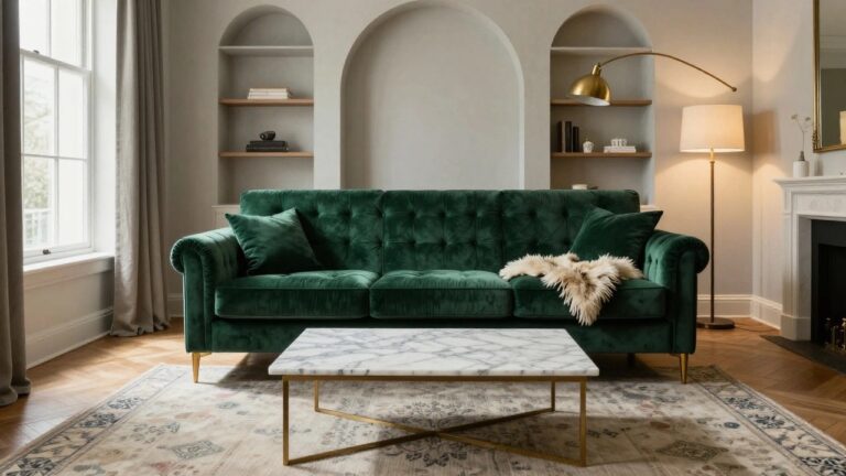 Living room with emerald green velvet tufted sofa draped in white fur throw, marble coffee table holding a dish of food, patterned rug on herringbone wood floor, brass floor lamp, arched niche with shelves and pottery, gold-framed mirror, and window with sheer curtains.